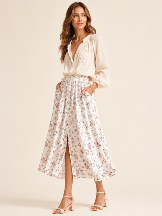 Dalia Dresses & Skirts - Vintage 90s Prairie Floral Button Front Midi Skirt Romantic 2 pockets Sz M/L